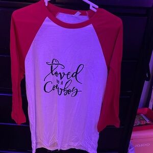 Red Baseball Tee “Love by a Cowboy”